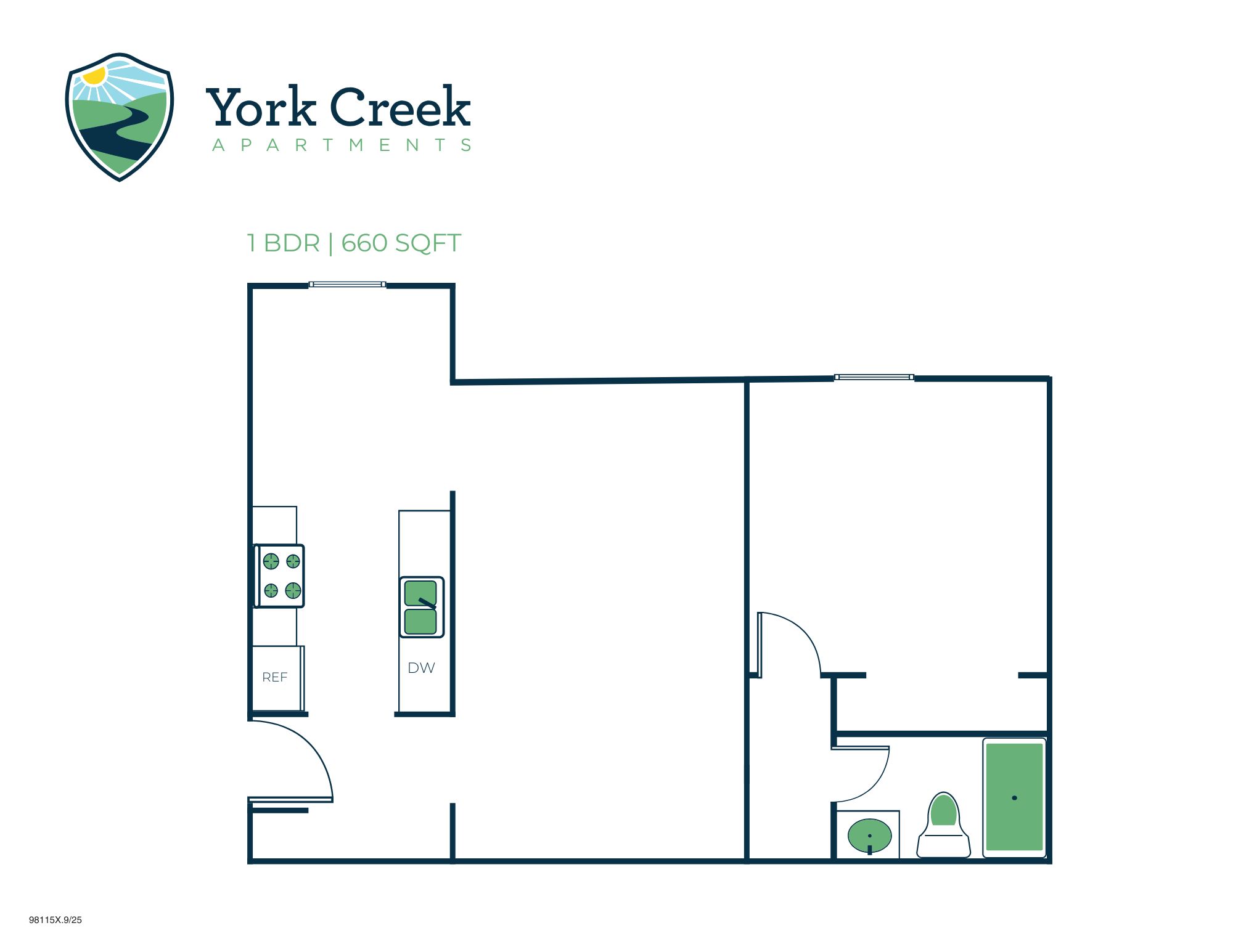 Floor plan for 1 bed, 1 bath, 660 sqft